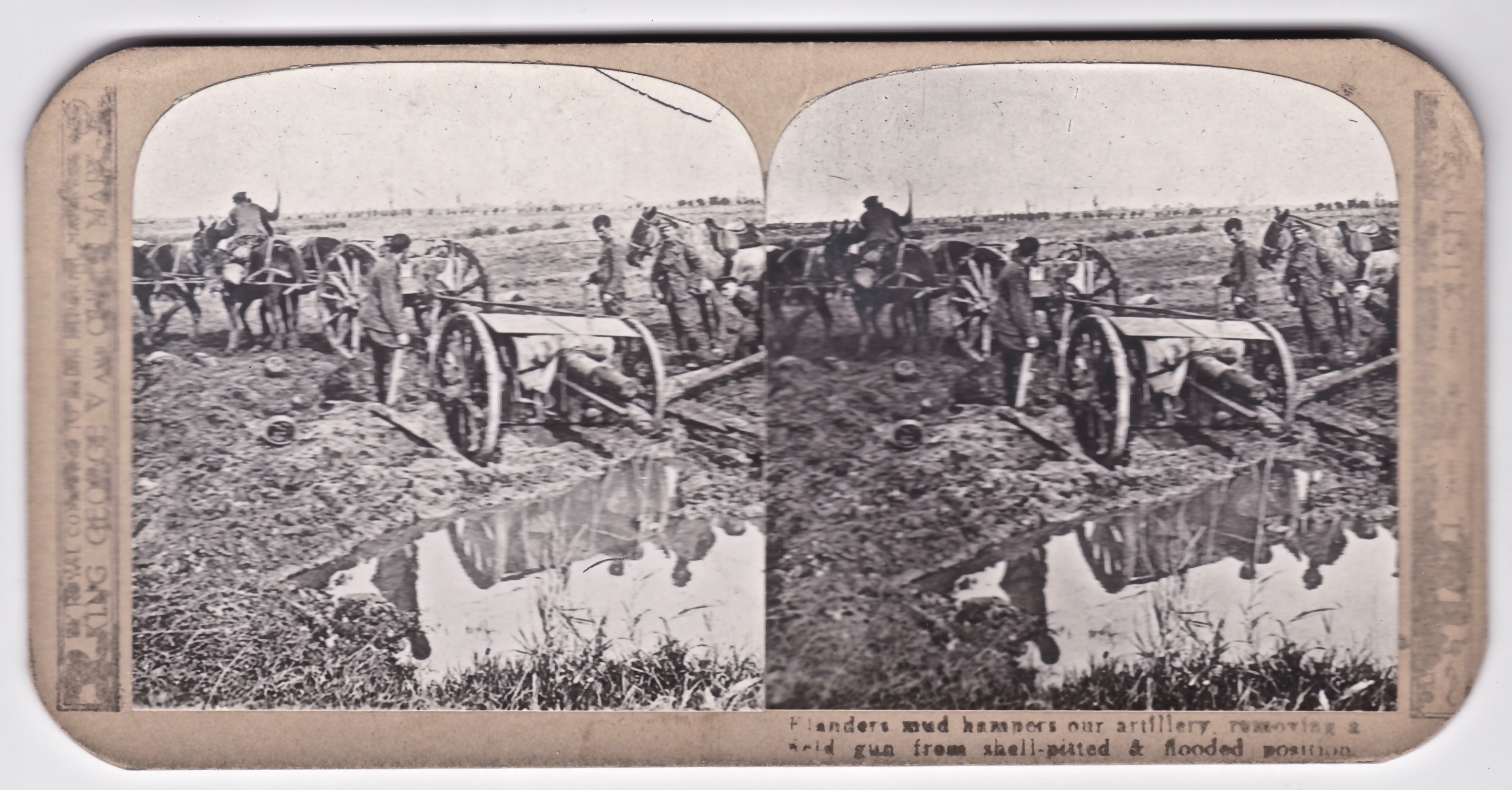 Flanders mud hampers our artillery, removing a field gun from shell-pitted and flooded position.