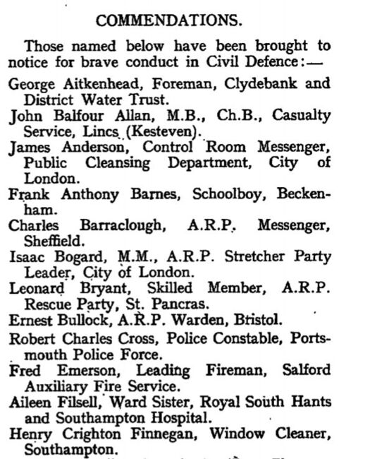 Second World War Civil Defence Commendation, London Gazette
