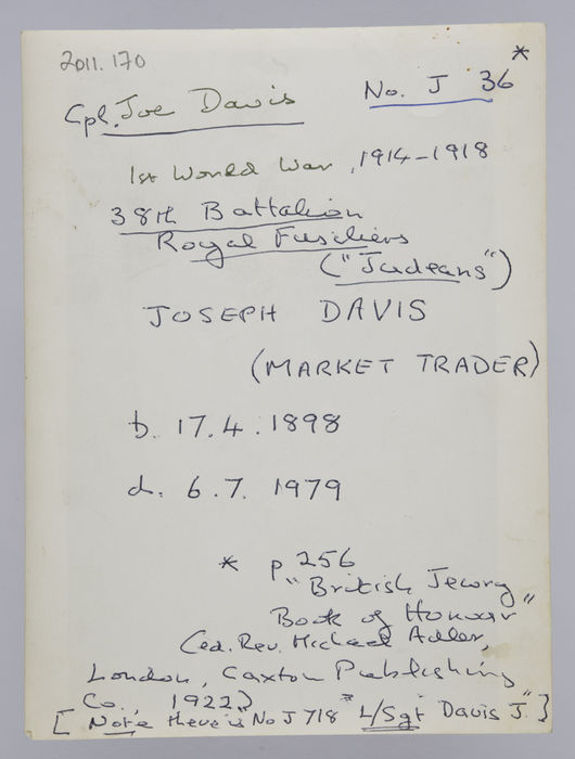 Reverse of Copy of a photograph of Cpl. Joe Davis. ©Jewish Museum London/Jewish Military Museum