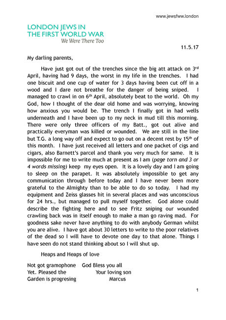 Transcript. Letter from Marcus Segal to his parents. Dated 11/05/1917