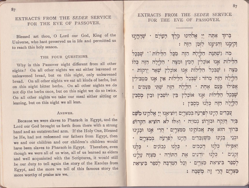 Extracts from the Seder Service for the Eve of Passover. Prayer book for Jewish sailors and soldiers. Jonathan Fishburn Collection