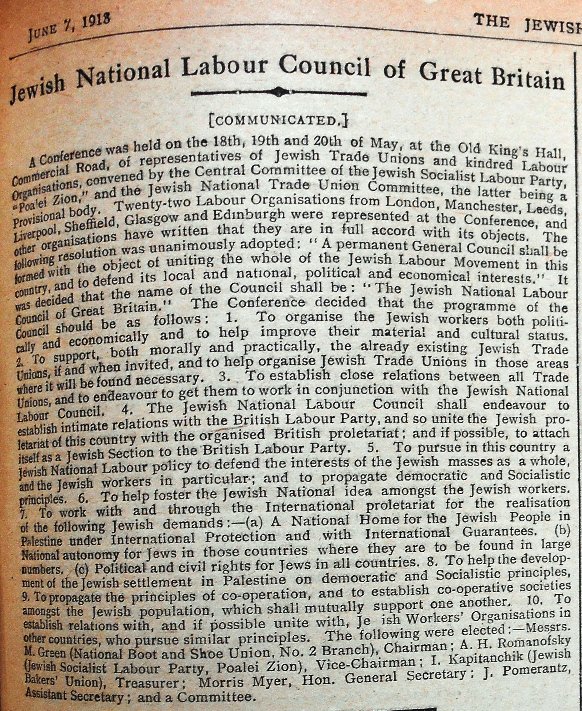 Jewish National Labour Council of Great Britain. Jewish Chronicle, 7 June 1918.