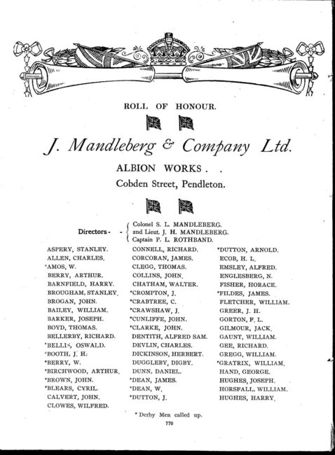Roll of Honour of J. Mandleberg and Co. Ltd., the company which Percy was one of the Directors