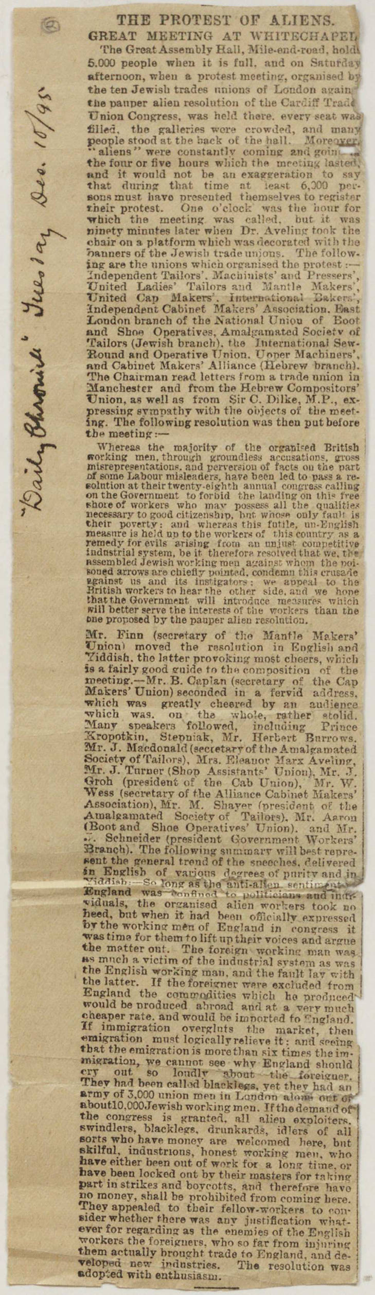 The Protest of Alien Great Meeting at Whitechapel. The Daily Chronicle. 1895. Courtesy of Warwick University