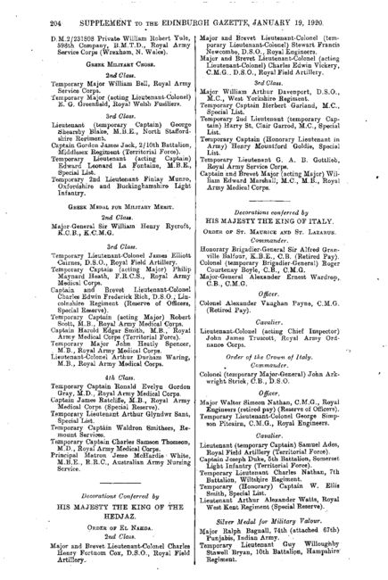 Edinburgh Gazette 19th January 1920 - Order of St Maurice and St Lazarus