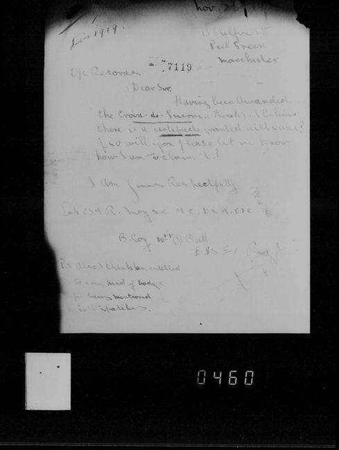 Letter from Robert inquiring about medals and Croix de Guerre certificate