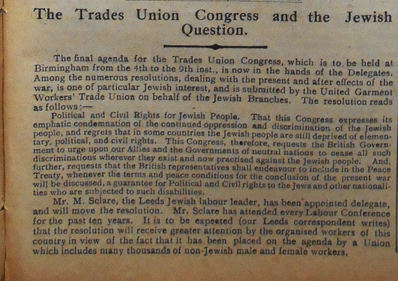 The Trades Union Congress and the Jewish Question. Jewish Chronicle, 1 September 1916.