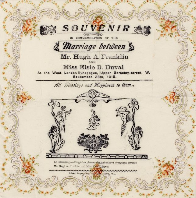 Souvenir paper napkin celebrating the marriage between Hugh Franklin and Elsie Duval, Sep. 1915 (Women's Library, LSE)
