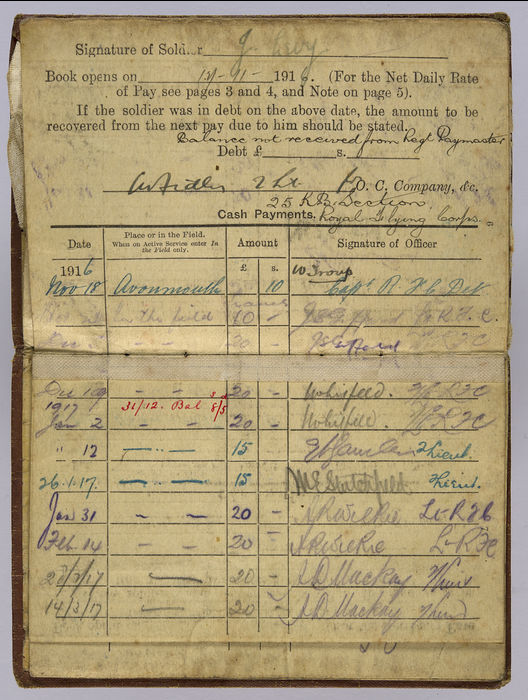 Soldier's Pay Book for use on Active Service - AC2 Josiah Levy, RFC. ©Jewish Museum London/Jewish Military Museum	