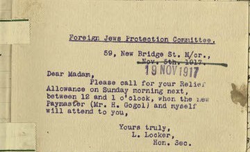 Postcard inviting a dependant to collect her allowances from the FJPC offices