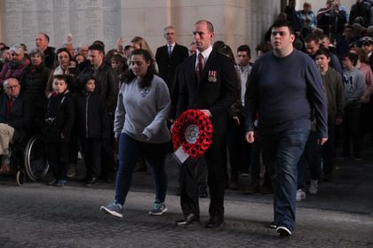 Rachel Fellman, We Were There Too, and , Jack Sanders JLGB with a serving Jewish British Officer laying a wreath at the Menin Gate