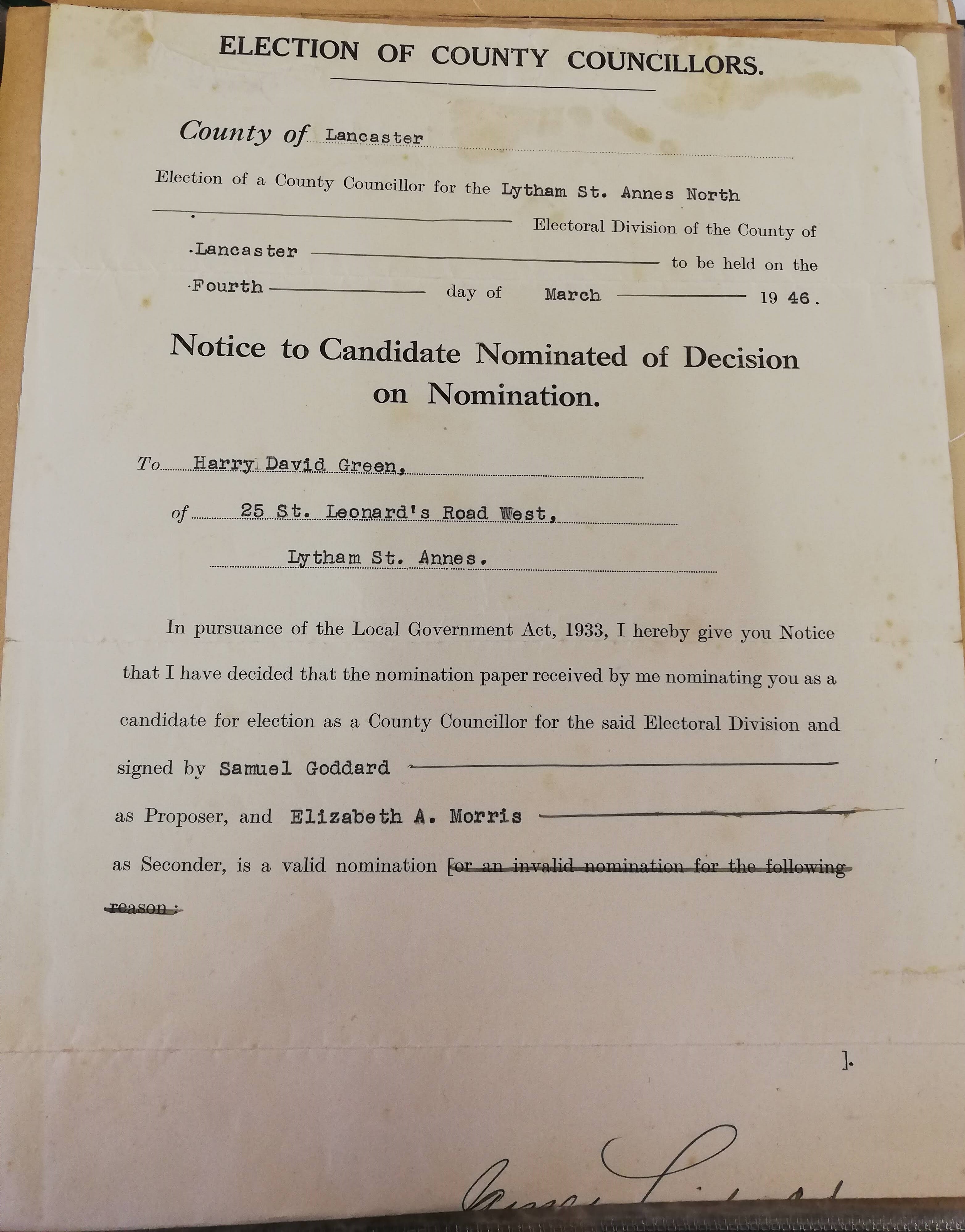 Notice of Nomination for Election - St Annes 1946 