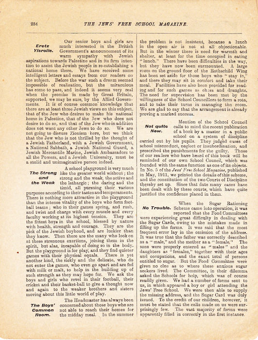 The Jews Free School Magazine, December 1917.  Vol 3 Nº 24. Reproduced by kind permission of the Trustees of JFS,  © 2017