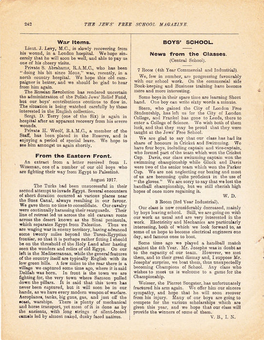 The Jews Free School Magazine, December 1917.  Vol 3 Nº 24. Reproduced by kind permission of the Trustees of JFS,  © 2017