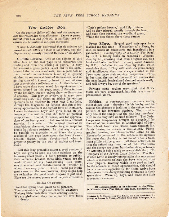 The Jews Free School Magazine, December 1917.  Vol 3 Nº 24. Reproduced by kind permission of the Trustees of JFS,  © 2017