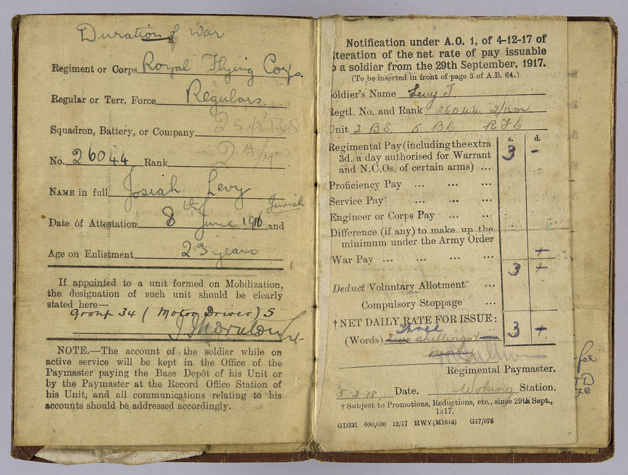 Soldier's Pay Book for use on Active Service - AC2 Josiah Levy, RFC. ©Jewish Museum London/Jewish Military Museum	
