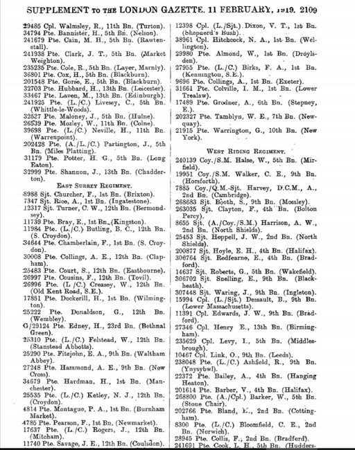 London Gazette-award of MM 11 February 1919