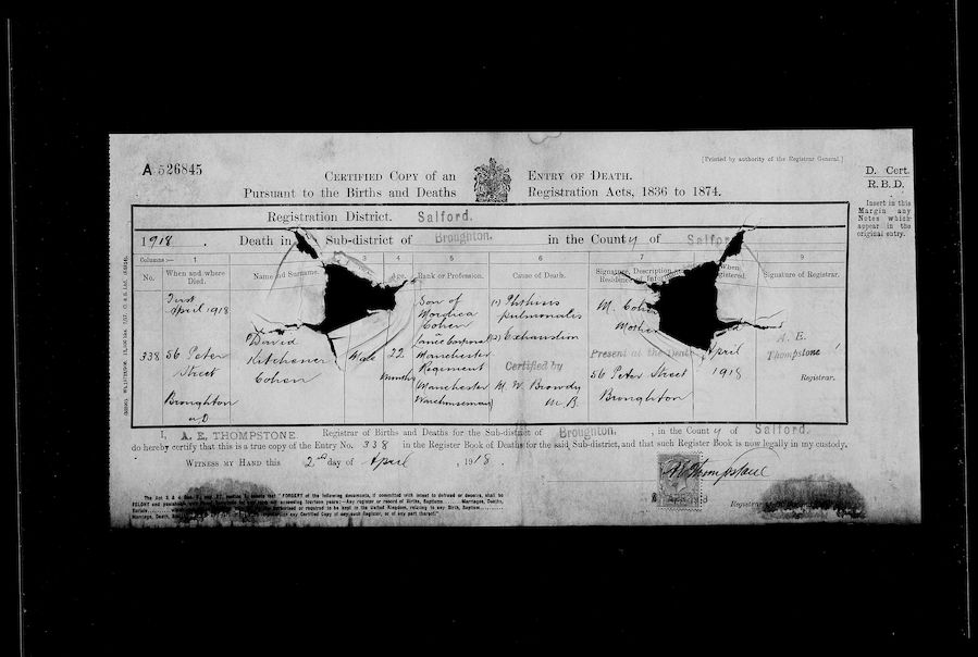 Military records pertaining to the birth of son David in 1916, and sadly his death in 1918