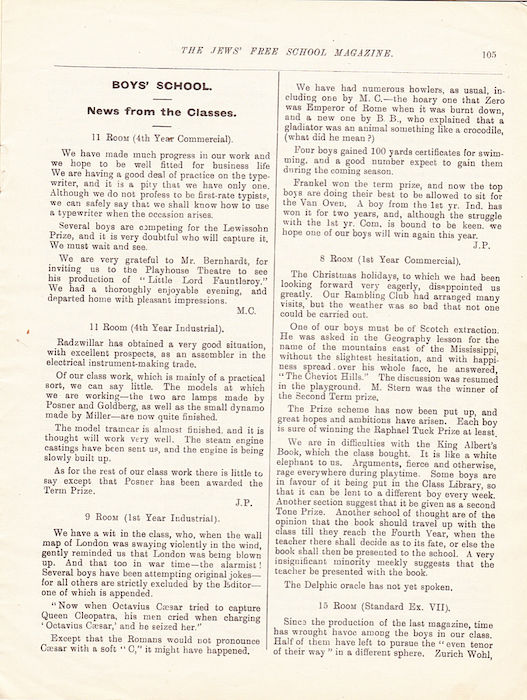 The Jews Free School Magazine,  March 1915. Vol 2 Nº16. Reproduced by kind permission of the Trustees of JFS,  © 2017