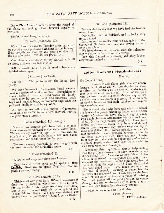The Jews Free School Magazine,  March 1915. Vol 2 Nº16. Reproduced by kind permission of the Trustees of JFS,  © 2017