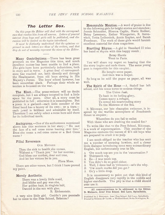 The Jews Free School Magazine,  March 1915. Vol 2 Nº16. Reproduced by kind permission of the Trustees of JFS,  © 2017