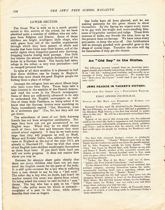 The Jews Free School Magazine,  March 1915. Vol 2 Nº16. Reproduced by kind permission of the Trustees of JFS,  © 2017