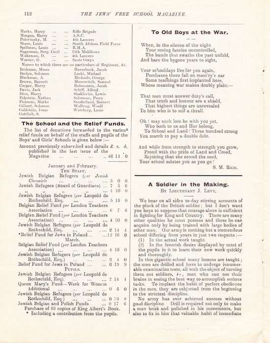The Jews Free School Magazine,  March 1915. Vol 2 Nº16. Reproduced by kind permission of the Trustees of JFS,  © 2017