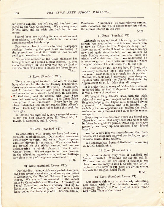 The Jews Free School Magazine,  March 1915. Vol 2 Nº16. Reproduced by kind permission of the Trustees of JFS,  © 2017