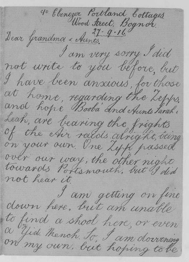 Letter from a child sent to live in Bognor because of German Zeppelin raids on London. © Jewish Museum London