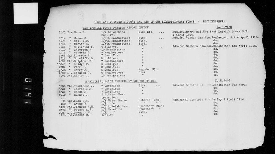 Hospital Records - David sick and being treated in 2nd Western General Hospital, Manchester in 1916