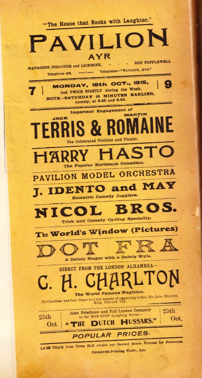 1915.10.18 Ayr Pavilion Playbill