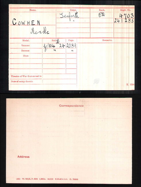 World War I Medal Card