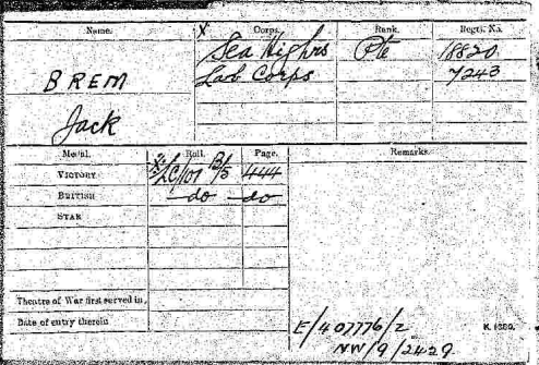 Medal Card Jacob (Jack) Brem