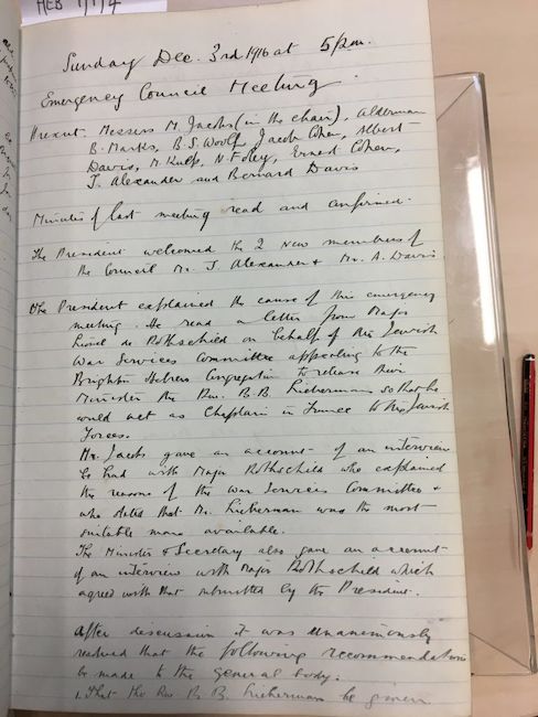 Emergency Council Meeting minutes – Brighton Hebrew Congregation, 3rd December 1916