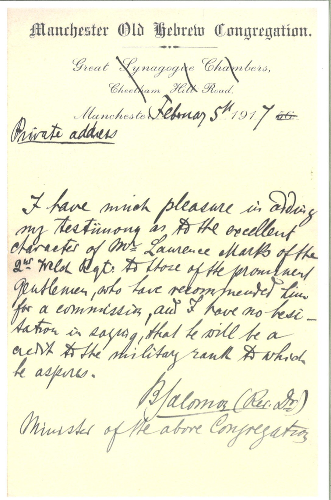 Letter from Rev Dr Salomons recommending Laurence for a commission 