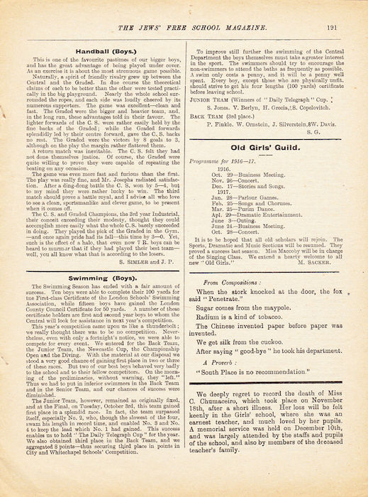 The Jews Free School Magazine, December 1916. Vol 3 Nº 21. Reproduced by kind permission of the Trustees of JFS,  © 2017