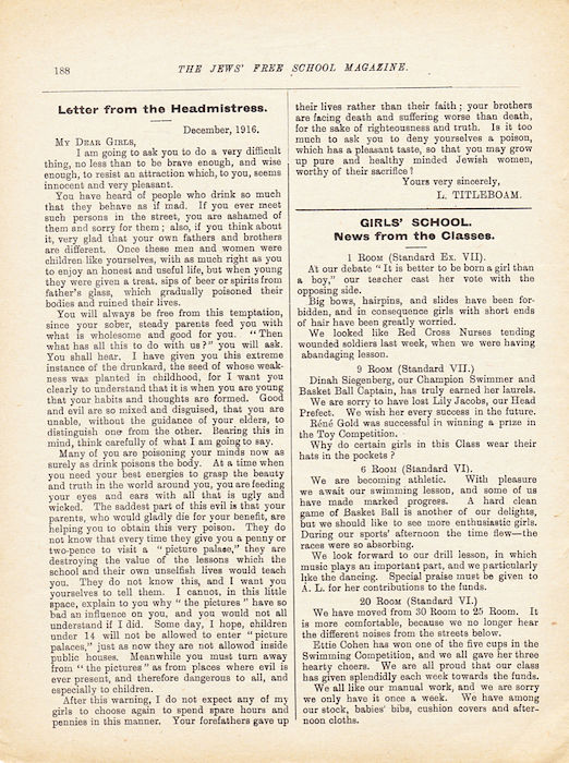 The Jews Free School Magazine, December 1916. Vol 3 Nº 21. Reproduced by kind permission of the Trustees of JFS,  © 2017