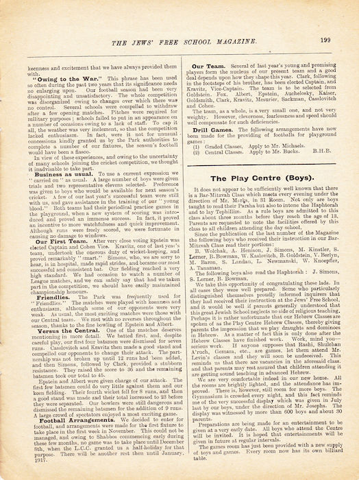 The Jews Free School Magazine, December 1916. Vol 3 Nº 21. Reproduced by kind permission of the Trustees of JFS,  © 2017