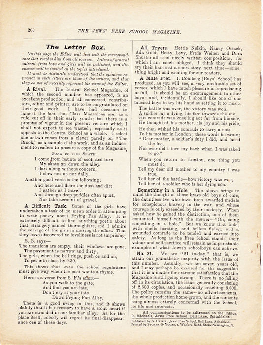 The Jews Free School Magazine, December 1916. Vol 3 Nº 21. Reproduced by kind permission of the Trustees of JFS,  © 2017