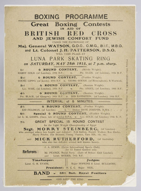 Boxing Programme for the Great Boxing Contests in aid of British Red Cross and Jewish Comfort Fund which Louis took part in, May 1918