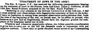 Jewish Chronicle letter regarding Jewish Treatment in the army