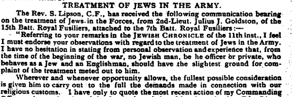 Jewish Chronicle letter regarding Jewish Treatment in the army