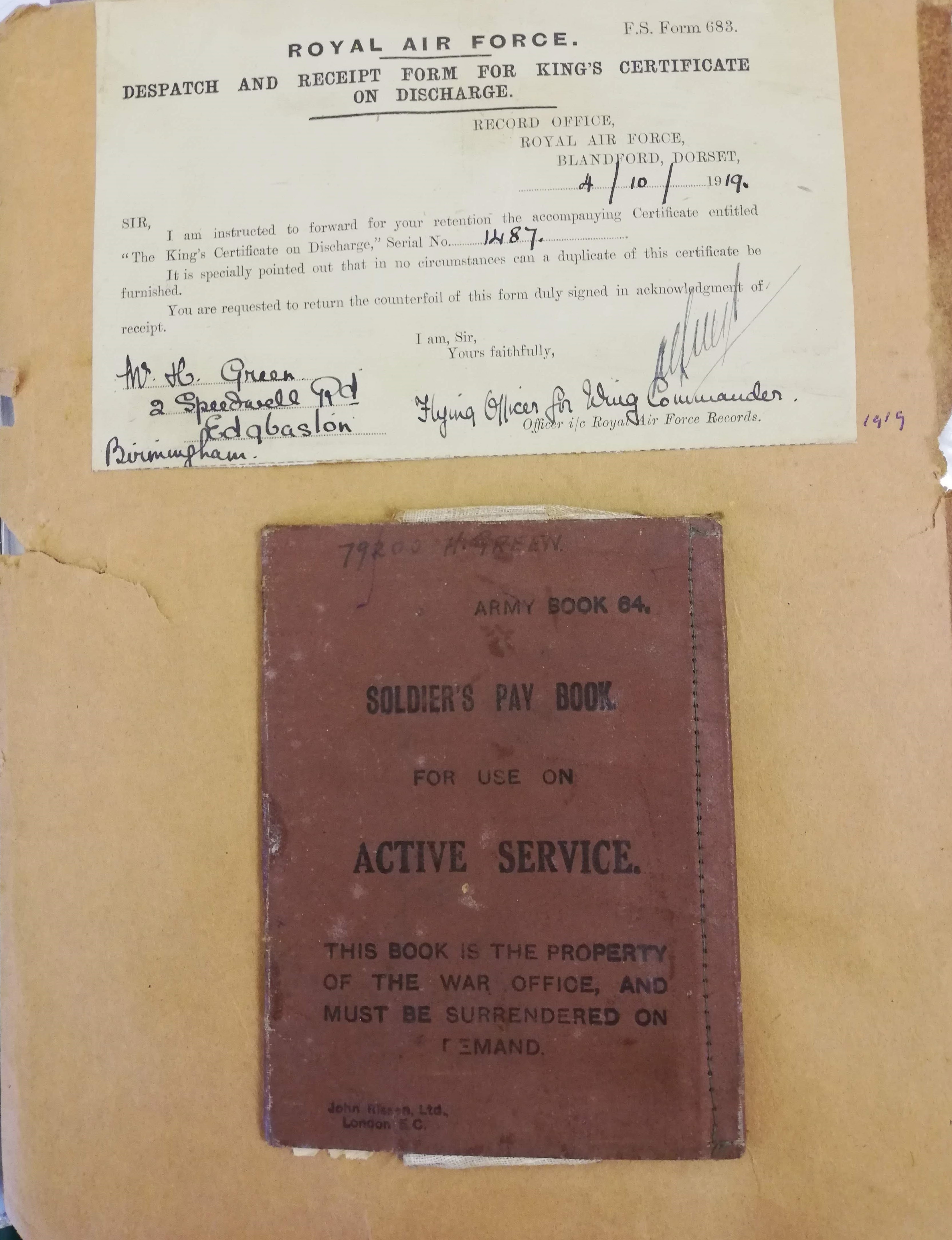 Receipt form for King's Certificate of Discharge and Soldier's Pay Book for Use on Active Service 