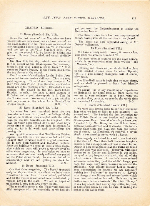The Jews Free School Magazine, July 1916. Vol 3 Nº 20. Reproduced by kind permission of the Trustees of JFS,  © 2017