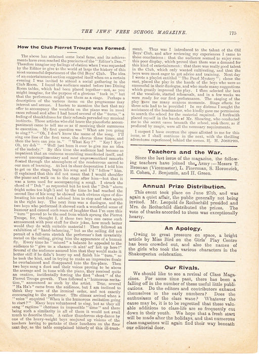 The Jews Free School Magazine, July 1916. Vol 3 Nº 20. Reproduced by kind permission of the Trustees of JFS,  © 2017