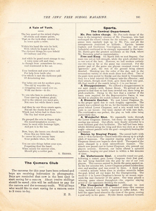 The Jews Free School Magazine, July 1916. Vol 3 Nº 20. Reproduced by kind permission of the Trustees of JFS,  © 2017