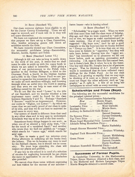 The Jews Free School Magazine, July 1916. Vol 3 Nº 20. Reproduced by kind permission of the Trustees of JFS,  © 2017