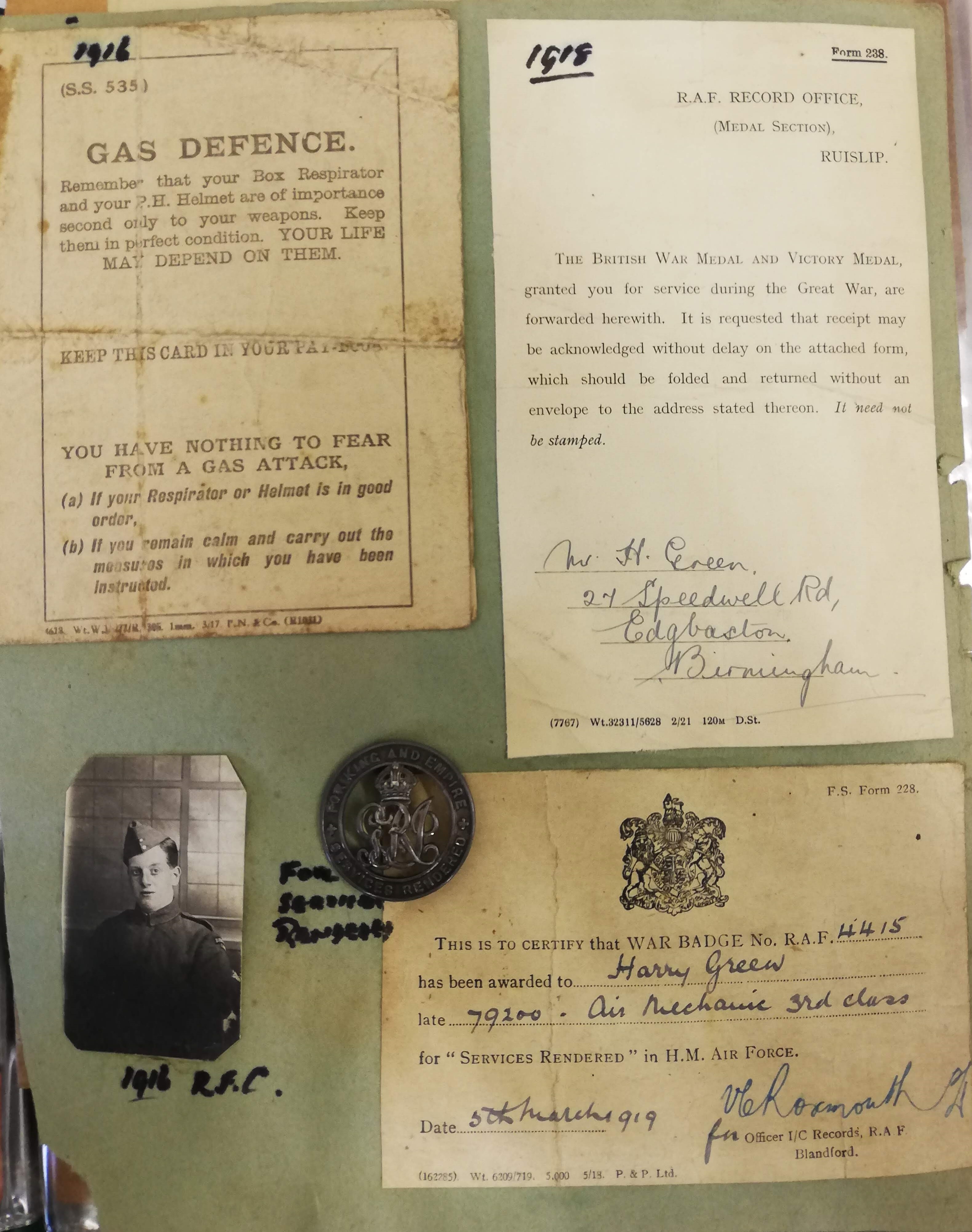 Pamphlet on use of gas mask, form sent with delivery of British War and Victory medals, photograph from the RFC, Silver War Badge "for services rendered" and form sent along with it 