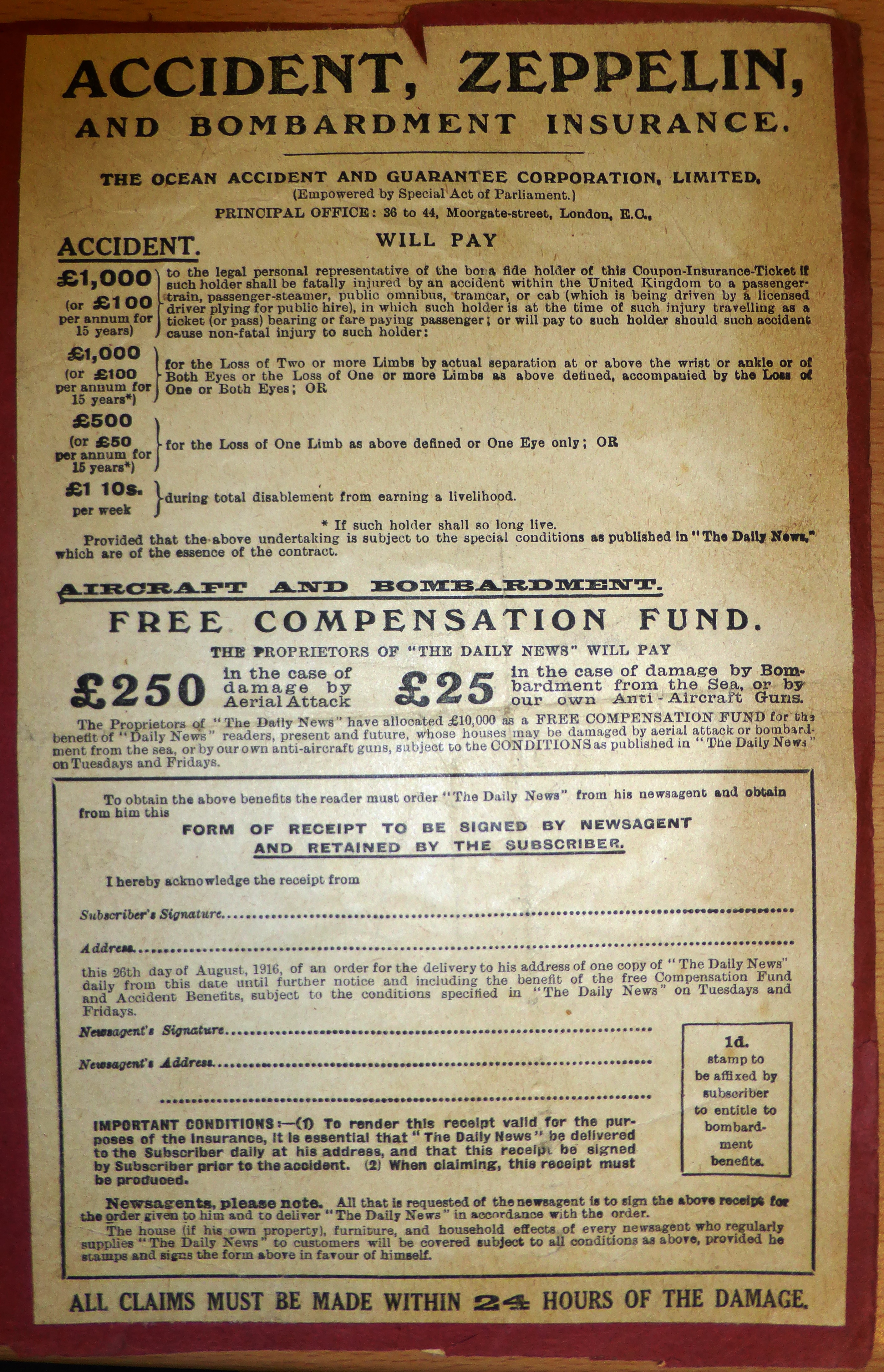 Leaflet advising how to gain compensation for damage to housing or injuries sustained during air raids