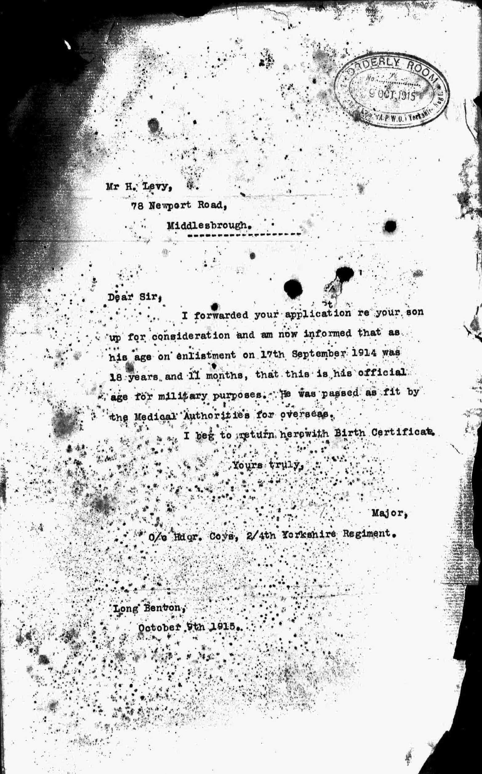 Letter from the War Office in reply to Herman Levy, stating that his age on enlistment was 18 years 11 months which was his official age for military purposes 